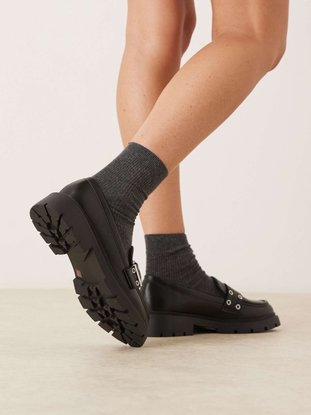 ASOS Black Lug-Sole Loafers with Buckle and Eyelet Trim - Picture 2 of 4